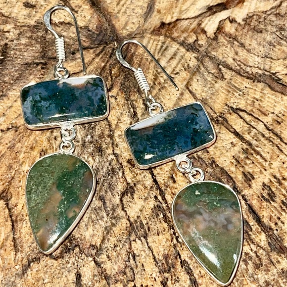 Mocha Stone Green Moss Agate Earrings 2” - Picture 3 of 5